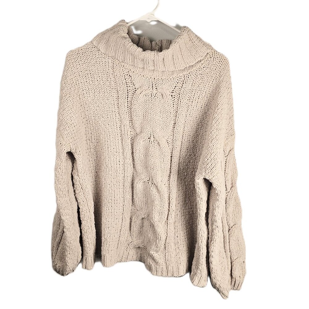 Seven7 Sweater Womens Medium CableKnit Sandshell Long Sleeve Turtleneck Pullover